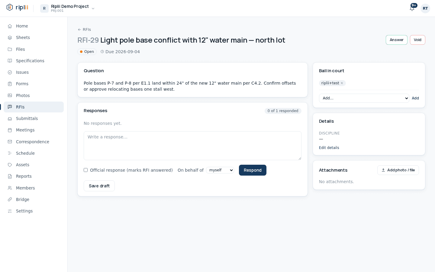 RFI detail with ball-in-court assignment and linked references