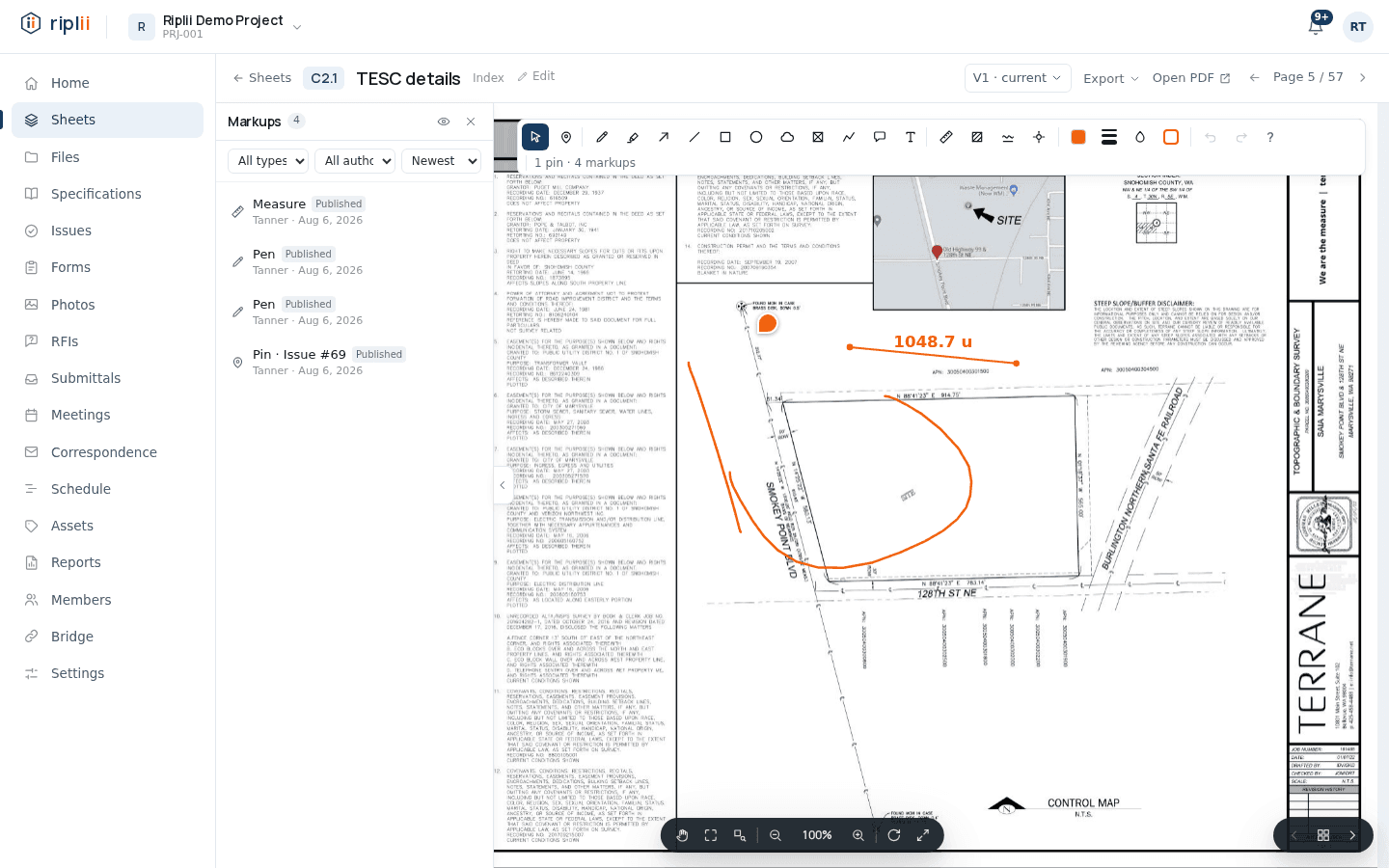 Sheet viewer with markups, measurements, and version compare